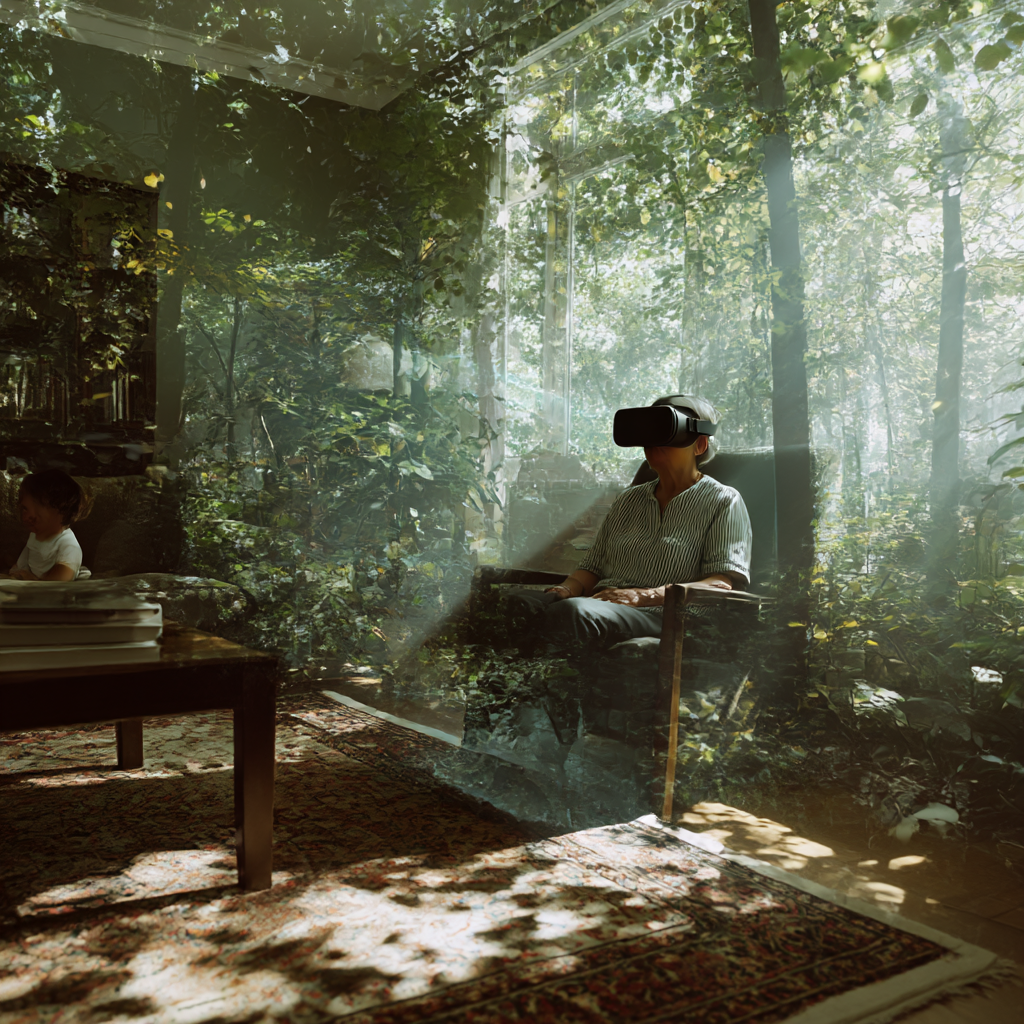 Peaceful forest scene with sunlight filtering through trees